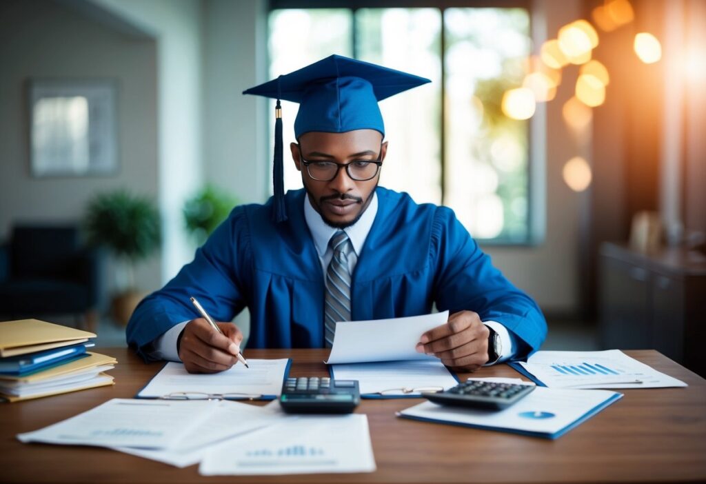 A graduate reviewing loan documents at a desk, surrounded by financial paperwork and a calculator.