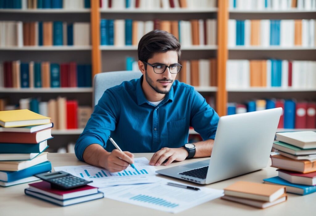 A student sitting at a desk surrounded by books and financial documents, with a calculator and laptop open, researching student loans and debt management.