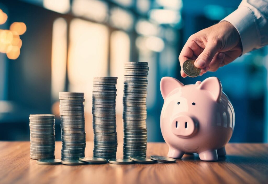 Hand placing a coin into a pink piggy bank with multiple stacks of coins, representing savings and financial planning.