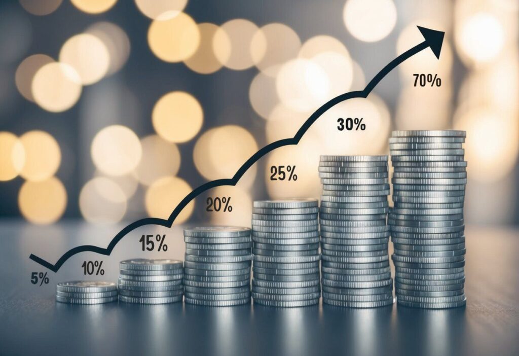 Stacks of coins with a line graph showing growth percentages from 5% to 70%, symbolising investment growth over time.