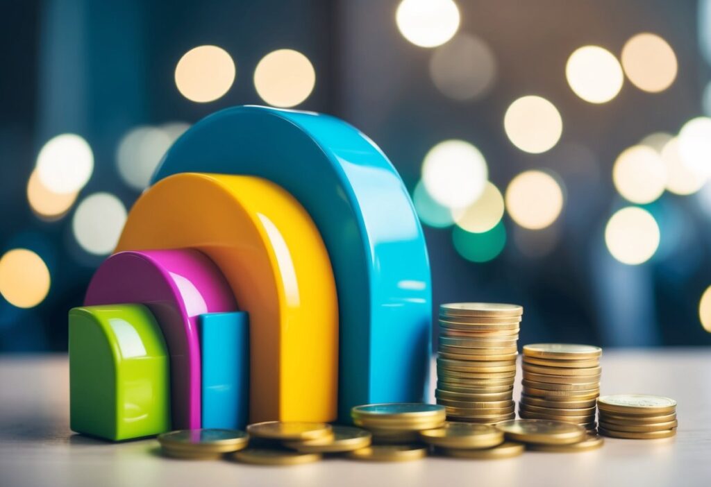 Colourful arch blocks with stacks of coins, illustrating diversified investment strategies and portfolio building.