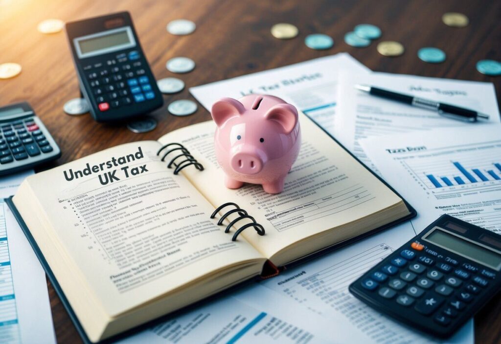 Open book titled "Understand UK Tax" with a pink piggy bank, calculators, and financial documents, representing tax planning in the UK.