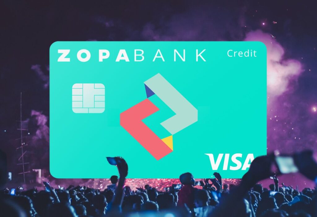 A crowd enjoying a concert under vivid lights, with the Zopa Bank Credit Card prominently displayed, symbolising its dynamic and user-friendly features.