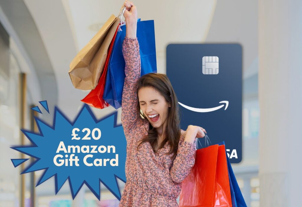 A woman happily holding multiple shopping bags, with an image of the Amazon Barclaycard Credit Card in the background, symbolising the excitement and benefits of using the card for purchases.