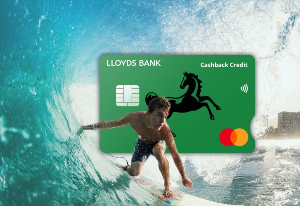 Surfer riding a wave alongside the Lloyds Bank Cashback Credit Card, showcasing its vibrant green design with the iconic black horse logo and Mastercard branding